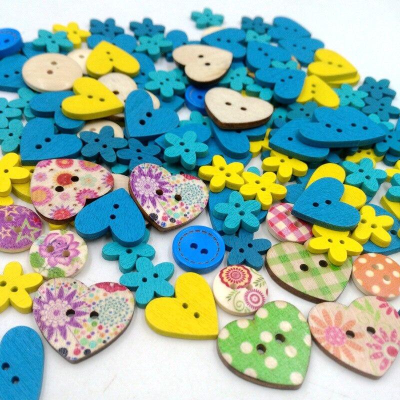 100Pcs/Bag Mix Shape Round Flower Wooden Buttons Lovely Sewing Wood Decorative Button for DIY Craft Clothes Accessories