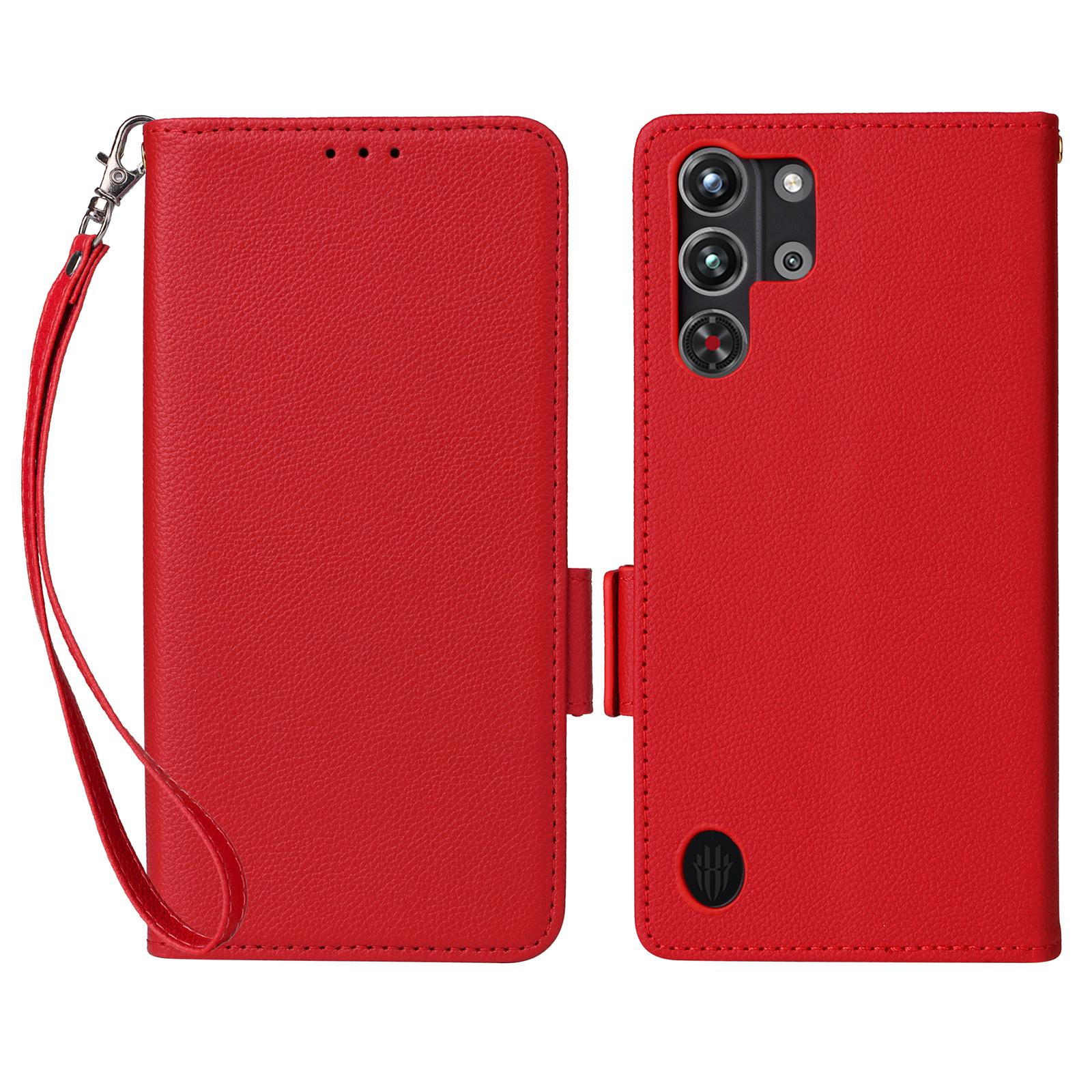 

For ZTE nubia Red Magic 10 Pro 5G/10 Pro+ 5G Case with Wrist Strap Litchi Texture PU Leather Wallet Phone Cover Red