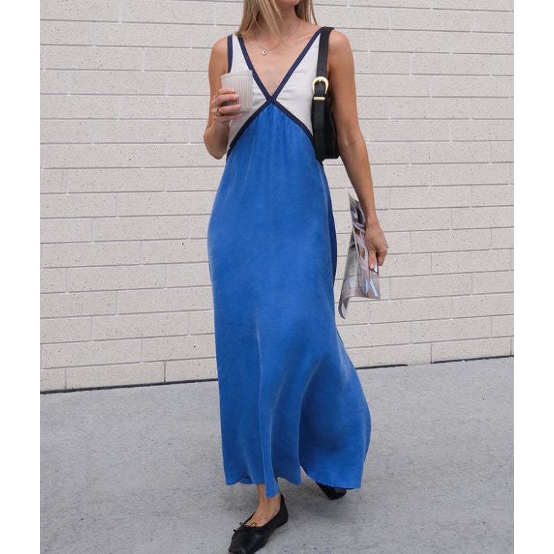 Women s Summer Color Block V Neck Sleeveless Tank Maxi Dress Loose Casual Vacation Beach Long Dress for Women S