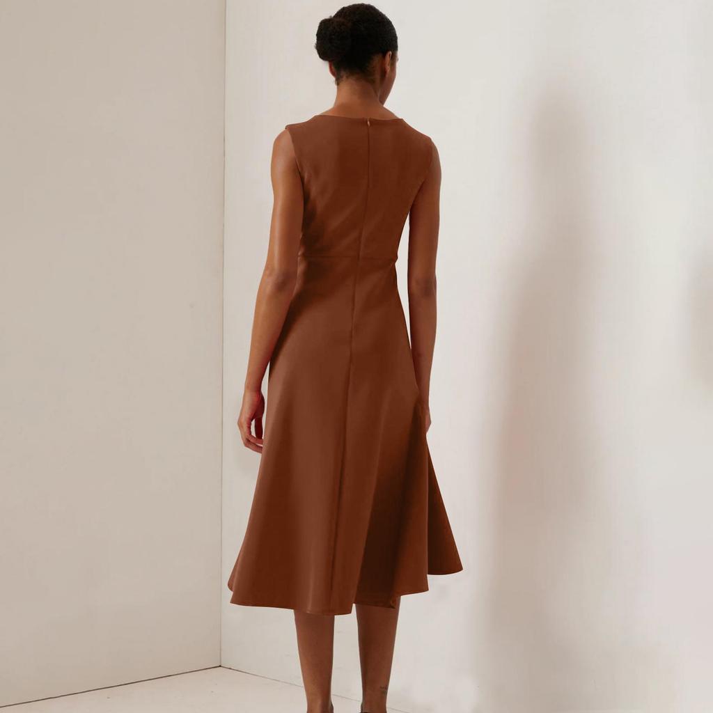 Women's Round Neck Sleeveless Ruffle Dress Summer High Waist Slim A-Line Banquet Cocktail  Dresses