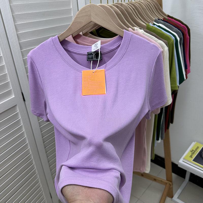 European Plus Size Ribbed Loose Short Sleeve T-shirt, Women's Green Base Layer Blouse