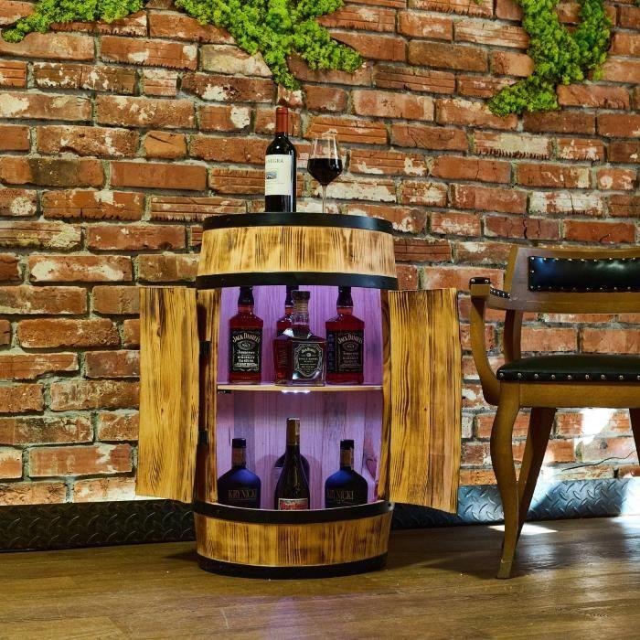 Casier À Vin - Creative Cooper - Tonneau En Bois Avec Portes, LED Et Télécommande, Casier À Alcool, 80x50 Cm, Bois De Pin Brûlé