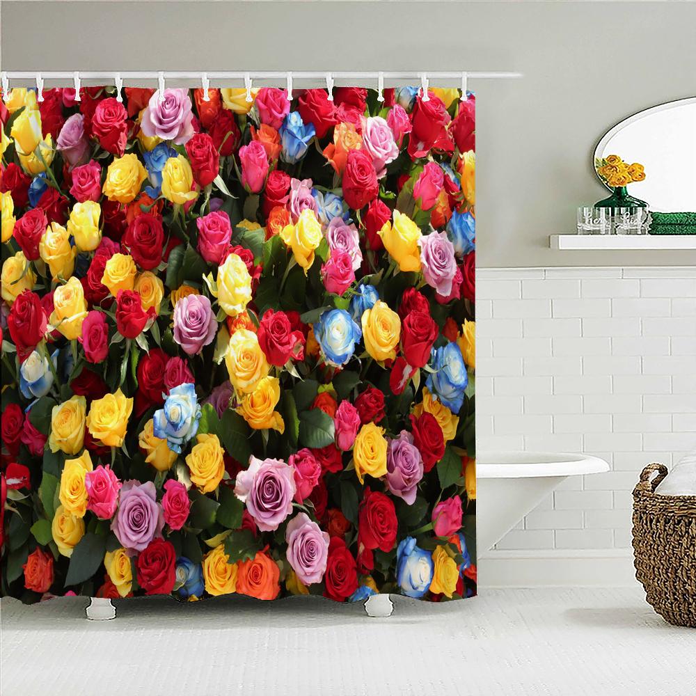 Rideau de douche Fleurs Roses Tulipes Colorées Arbres Rideaux de Salle de Bain Nature Fleur Tissu Polyester Imperméable Écran Baignoire Décor