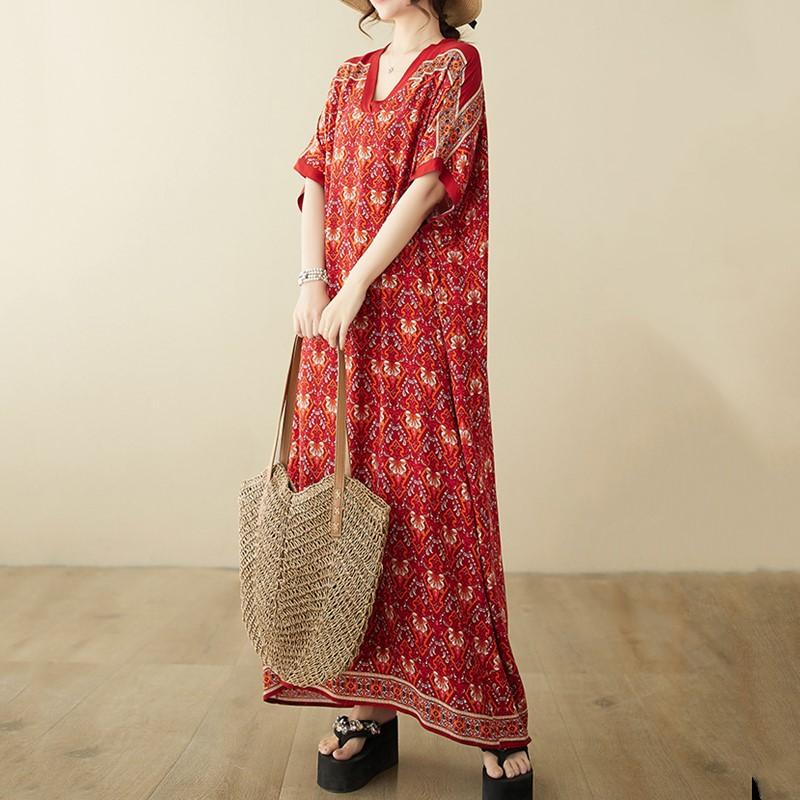 Krátký rukáv Nadměrná velikost vintage květinová novinka v šatech pro ženy ležérní volné Maxi dlouhé letní šaty