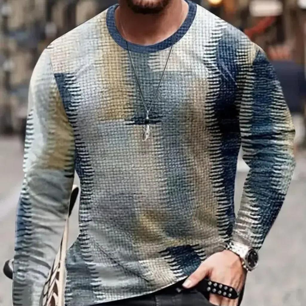 2024 Vintage Men's T-Shirt Color Block Long Sleeve 3D Clothing Print Harajuku Oversized Tops Men's Outdoor Jogging T-Shirt Tops