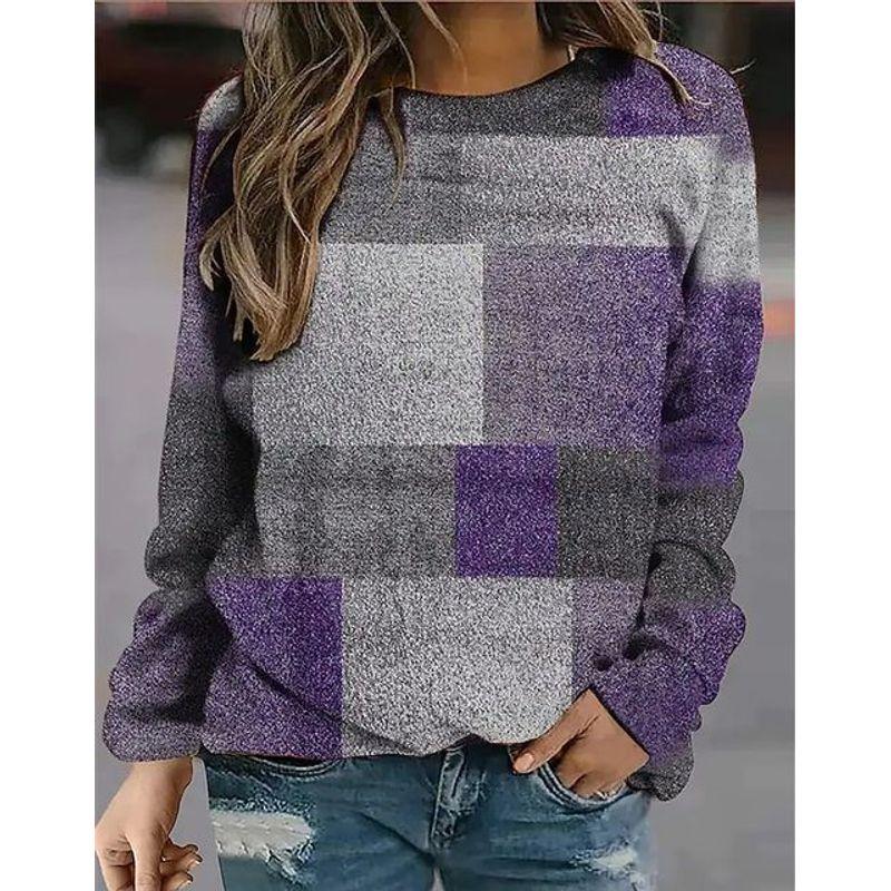 Plaid Printed Long Sleeve Round Neck Sweater Gingham Floral Print Long Sleeve Pullover