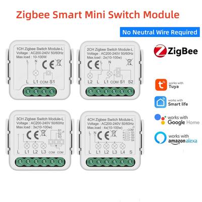 Tuya Zigbee Smart Mini Switch Module Relay No Neutral Wire Required 1 2 3 4 Gang 2 Way Control Works with Alexa Google Home