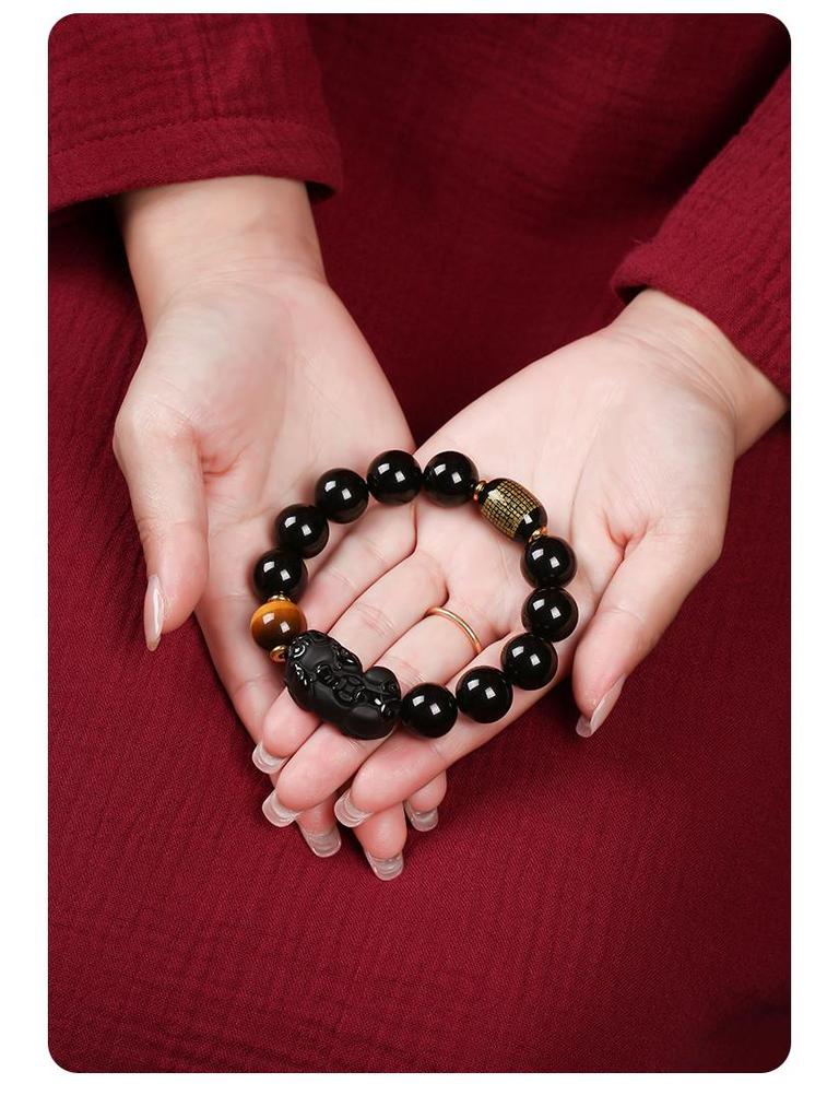 Black Gold Obsidian Pi Xiu Wealth Bracelet with Rotating Beads and Spacers for Men & Women.