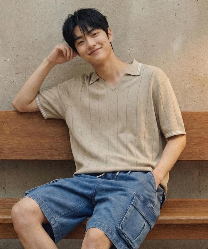 AGOD V-Neck Collared Short Sleeve Knit Shirt [Beige]