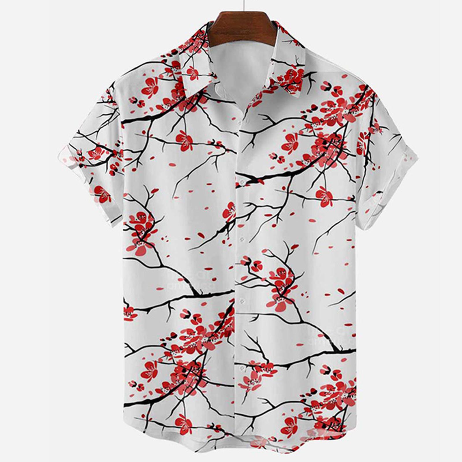 

Мужская мода в этническом стиле с коротким рукавом, повседневная гавайская рубашка с принтом, блузка, футболка M красный