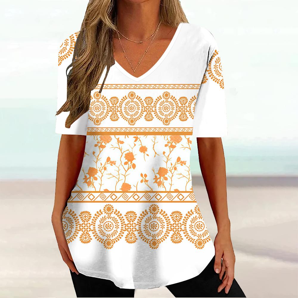 Harajuku Wind Ladies V-neck T-shirt Summer Outdoor Casual Short Sleeve Tops Retro Street Flower Print OverSize Women's Clothing