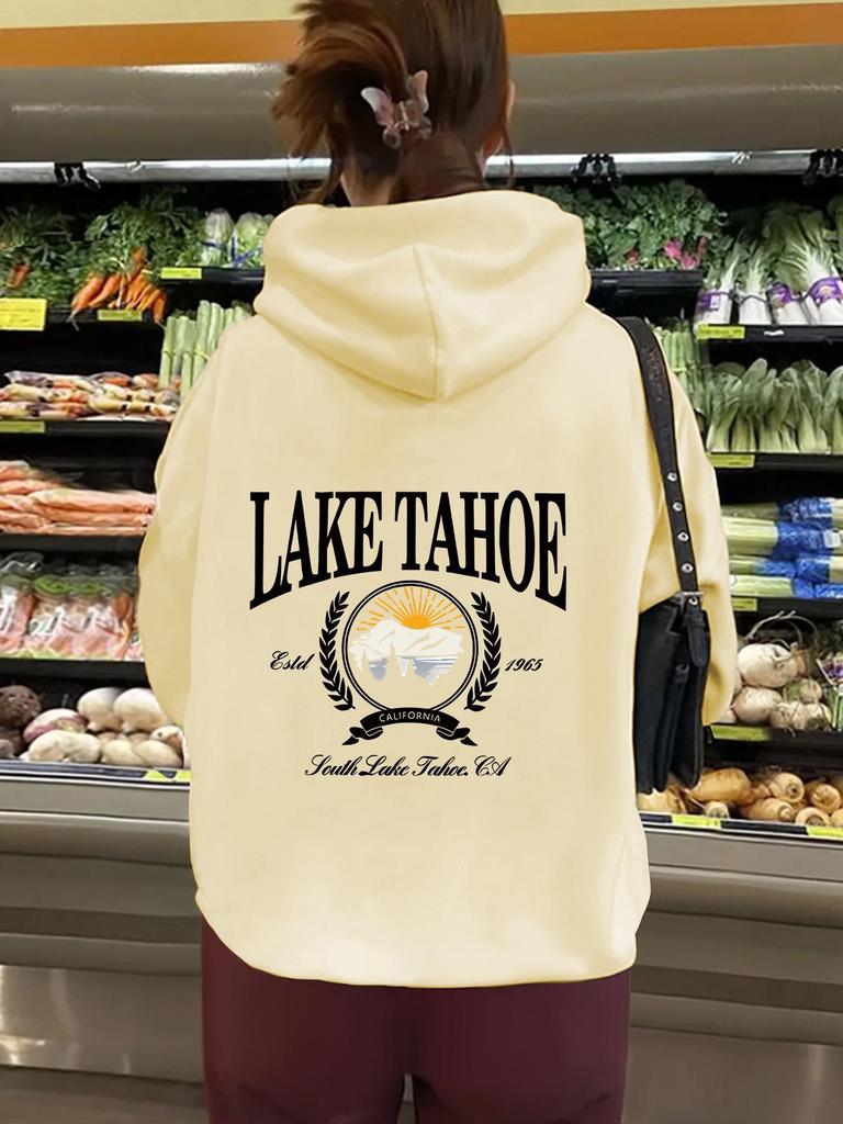 European and American Women's Hooded Long Sleeve Sweatshirt with Velvet and LAKE Print - Autumn and Winter Collection
