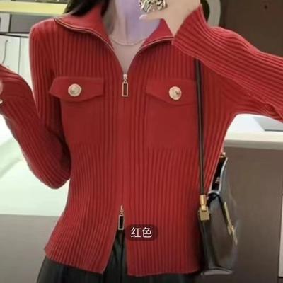 Autumn and Winter New Knitted Cardigan Women's Fashion Slim-fit Short Double Zipper Lapel Women's Sweater Jacket