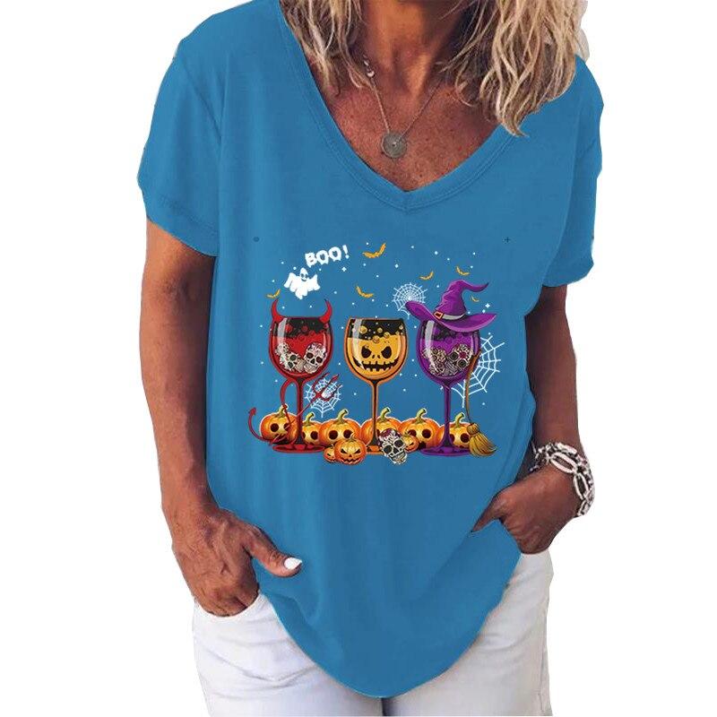 

Fashion Spring Halloween Print Blouses Short Sleeved V-Neck T Shirts Casual 8XL синий