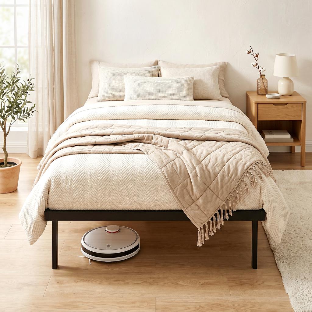 Struttura del letto, 90 x 200 cm Letto in metallo con spazio sotto il letto, Struttura in metallo con base a doghe, Non richiede rete a doghe