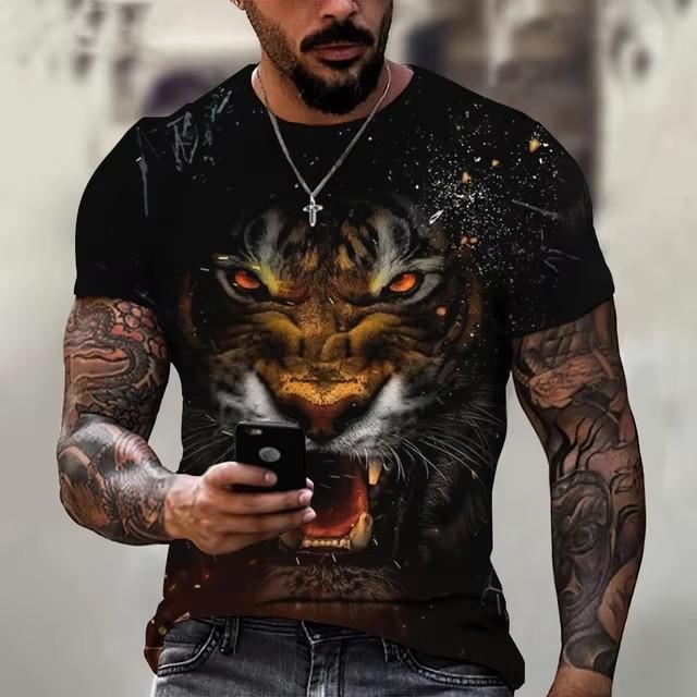 Tiger Fighting Animal Beast Fierce Lion Leopard Printed 3D T-shirt for Men Short Sleeve