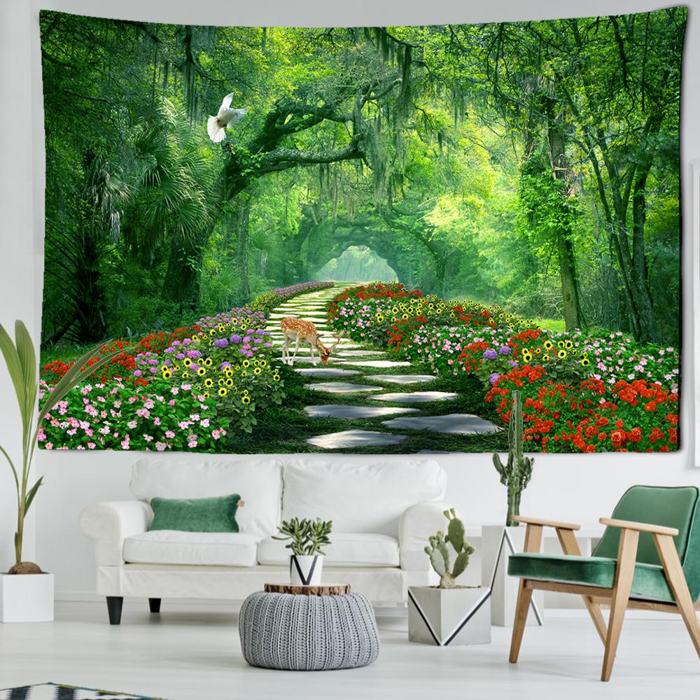 Deer Wildflower Forest Tapestry Wall Hanging Art Bohemian Modern Style Living Room Bedroom Background Cloth Home Decor
