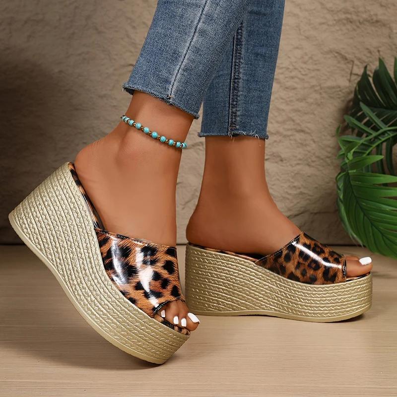 Sexy Gold Leopard Sandals Women Summer 2025 Chunky Platform Wedge Heels Slippers Shoes Woman Comfort Light Weight Outdoor Slides
