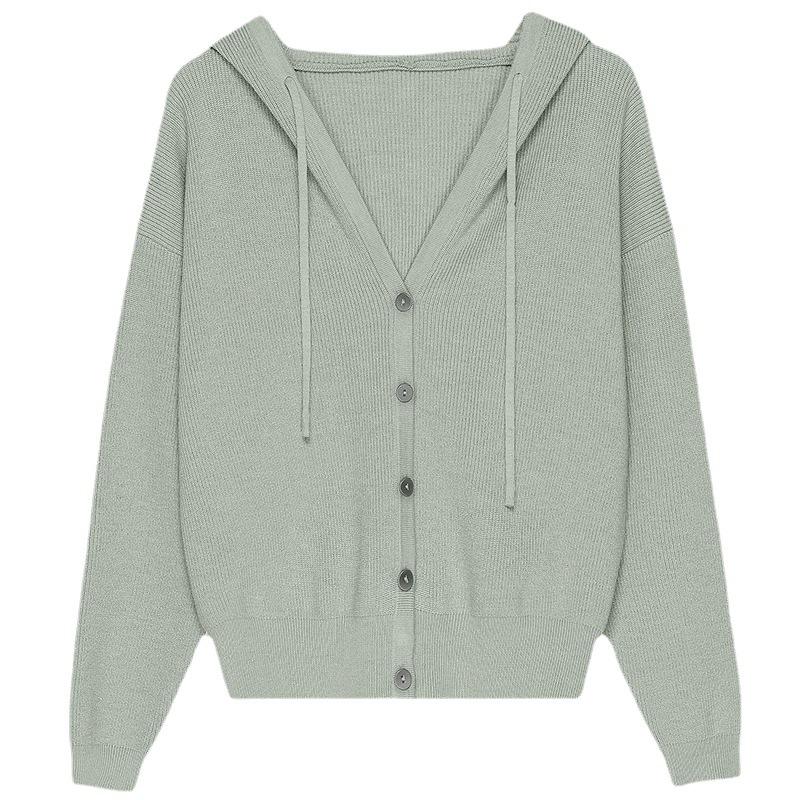 Frühlings- und Herbst-Damenstrickjacke Lässig Locker Einfarbig Kapuzenpullover Mantel