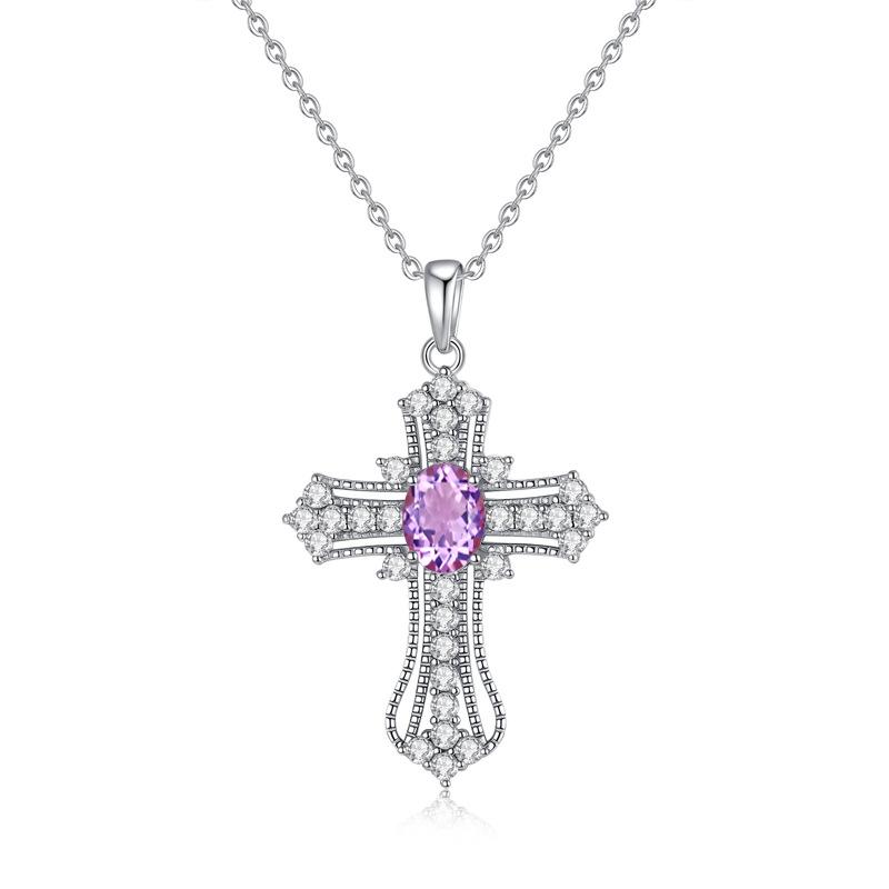 S925 pure silver all diamond cross necklace for women, silver inlaid with natural color treasure, fashionable and versatile gift 925 silver