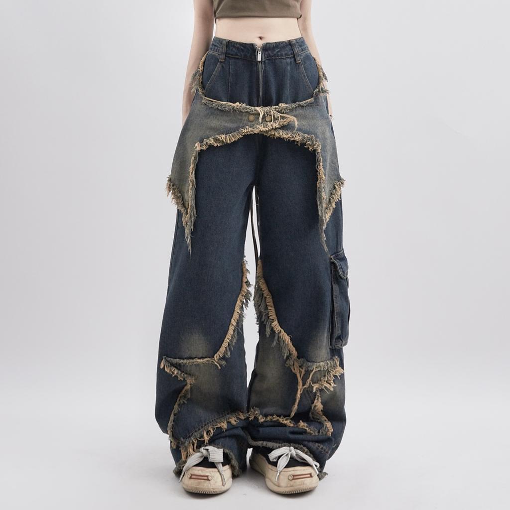 American Vintage Washed Five-Point Star Frayed Hem Jeans for Women High Street Niche Oversized Straight Leg Long Pants
