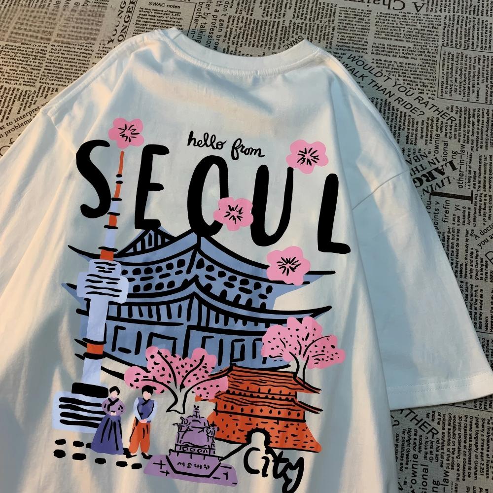 Hello From Seoul City TShirt Korean Style Cherry Blossom Graphic Tee Harajuku Streetwear Unisex White Fashion Top S