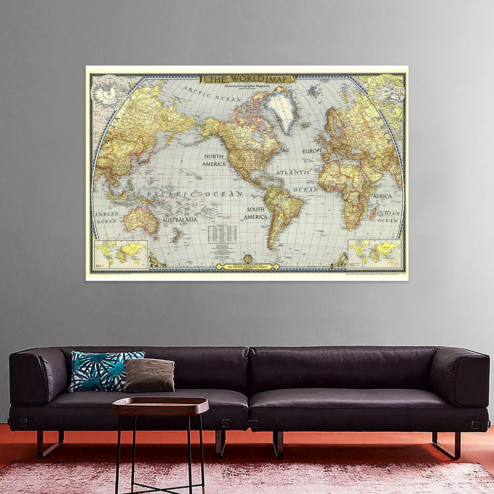 Vintage 1943 World Map Poster Retro Antique Globe Art Print Large Canvas Wall Map Educational Travel Map for Home Office School Wall Decor