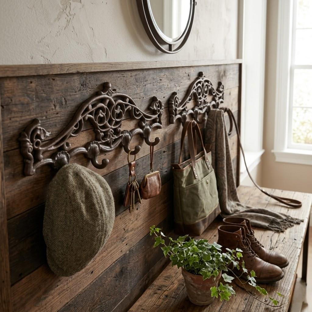 Two cast iron wall hangers, brown, decorated, decorative, 4 hooks