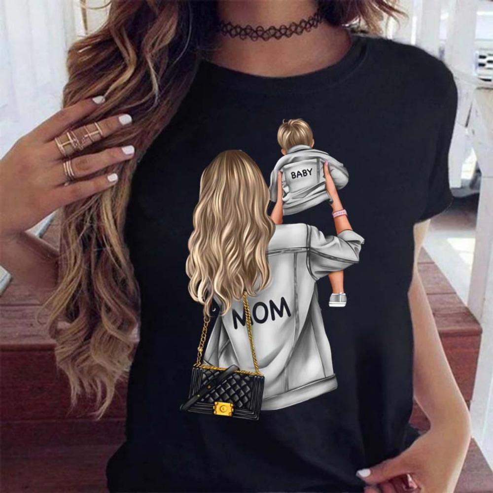 Maycaur Women T Shirt Cartoon Mom with Sons Shirt Fashion Print Casual Woman Tee Ladies Female T-shirt Short Sleeve T Top Shirt