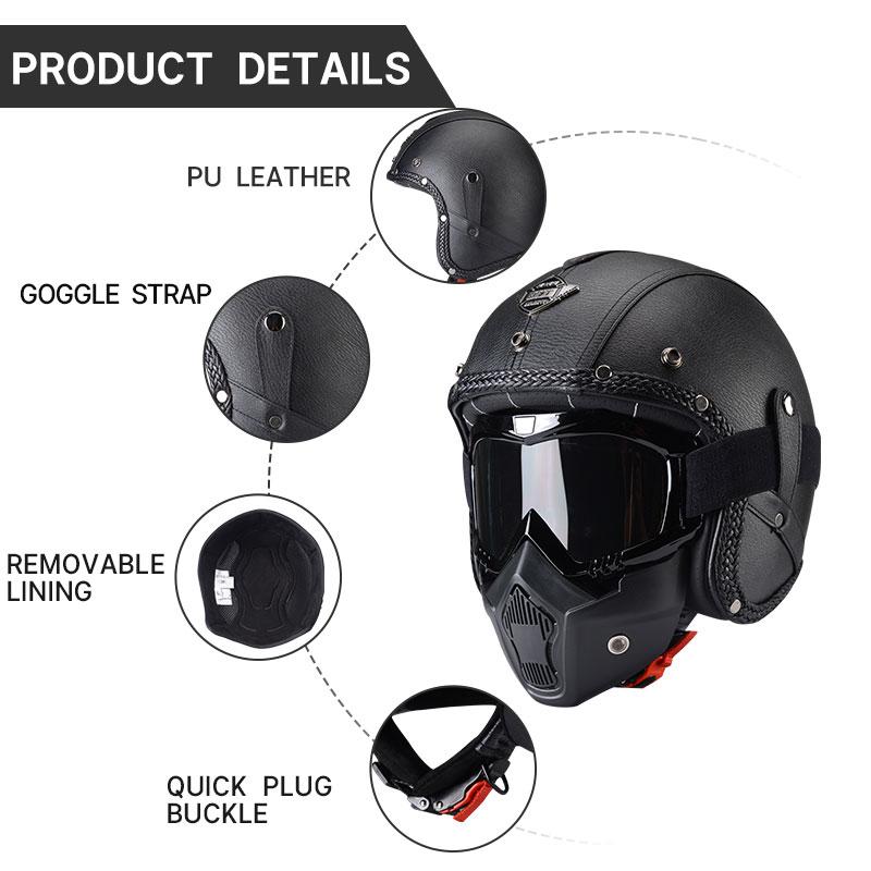 Newest Black Leather Open Face Motorcycle Helmet With Mask Scooter Riding Caque Classic Electric Motorbike Jet Cascos Para Moto