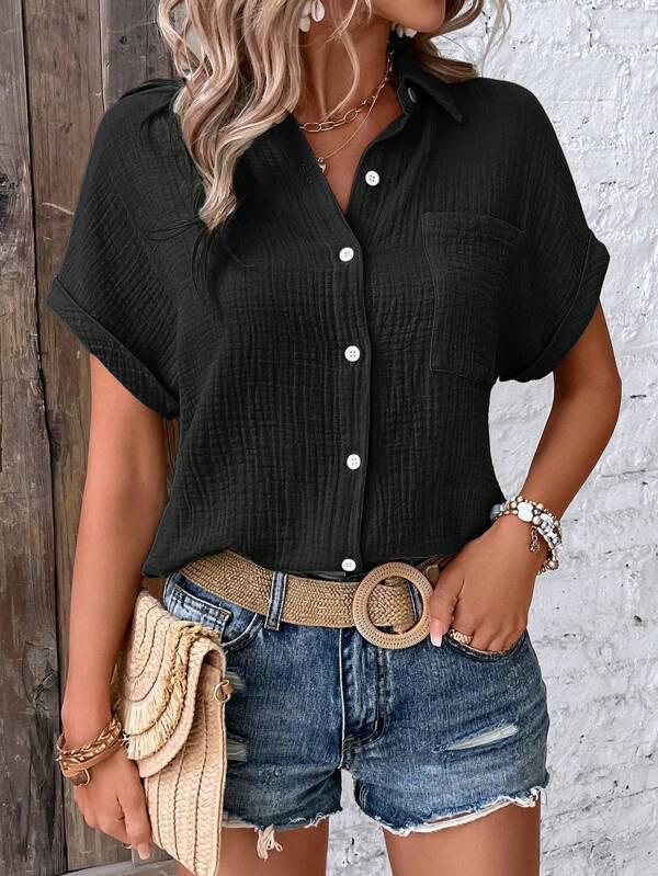 

2026 Summer Women s Casual Solid Color Crinkle Fabric Batwing Sleeve Button-Down Shirt XXL чорний