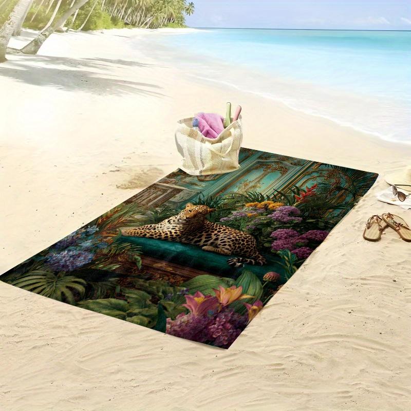 Leopard Themed Botanical Jungle Print Beach Towel, Soft Microfiber Unisex for Swimming Travel Camping