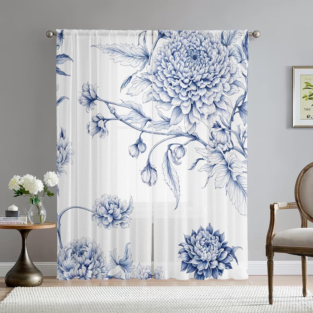 2 Pieces Blue and White Floral Pattern Curtains   Polyester Fabric   Machine Washable   Suitable for Bedroom Living Room Decoration