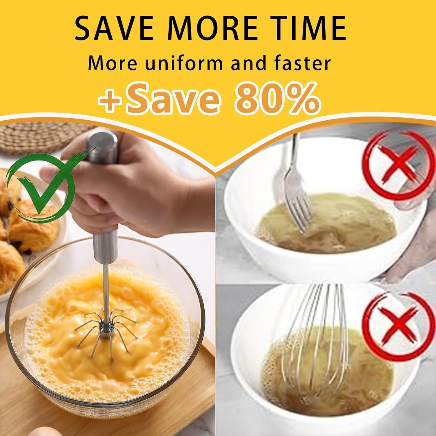 Stainless Steel Semi-Automatic Whisk, Hand Frother & Wisking Tool, Egg Beater For Cooking, Egg Spinner, Stainless Steel Whisk For Egg Beaters