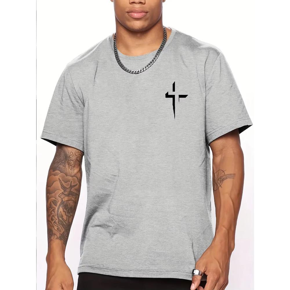 Summer Men's 100% Cotton Casual Loose Large Cross Faith Printed Sports Comfortable Round Neck Short Sleeve T-shirt Top