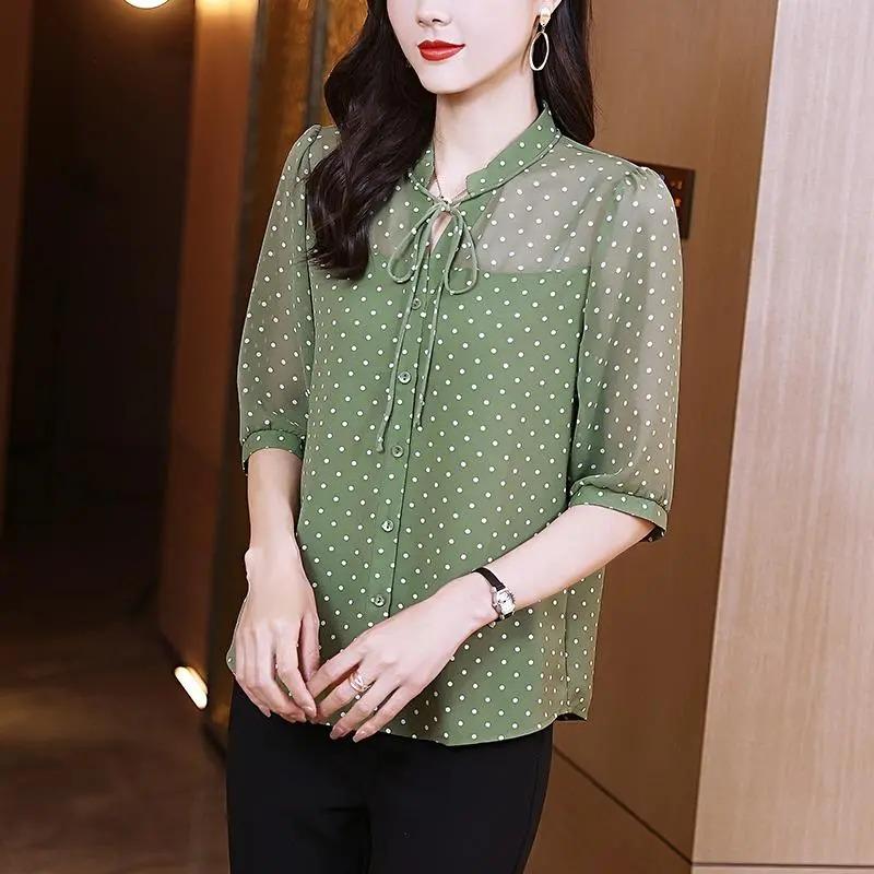 Chiffon Shirt for Women Fashionable Age-reducing Top Half-sleeved Temperament Tie Loose and Beautiful Thin Shirt for Women