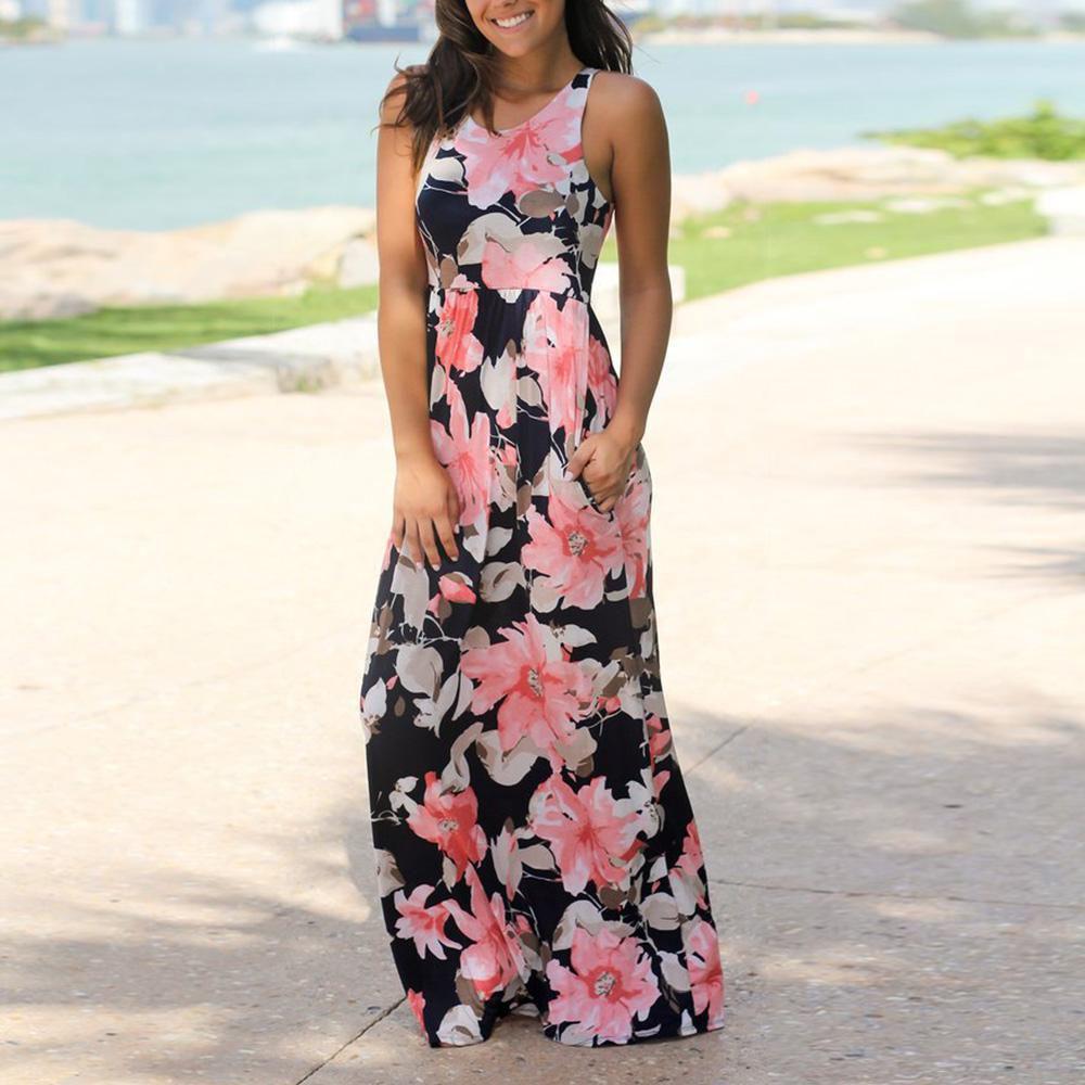 Summer Women's Elegant Casual Sleeveless Floral Printed Beach Dress Long Sundress