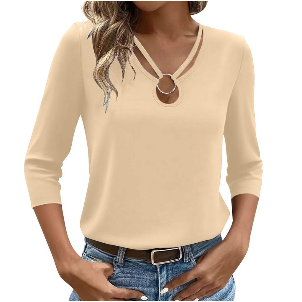 Women's T-shirt Solid Color V Neck 3/4 Sleeve Top