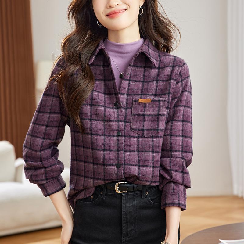 

Твидовая толстая клетчатая рубашка для женщин на весну, новая корейская ретро свободная повседневная универсальная рубашка для женщин XXL фиолетовый