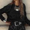 Women's Fashion Sequin Long Sleeved T-Shirt Round Neck Striped Pullover Top