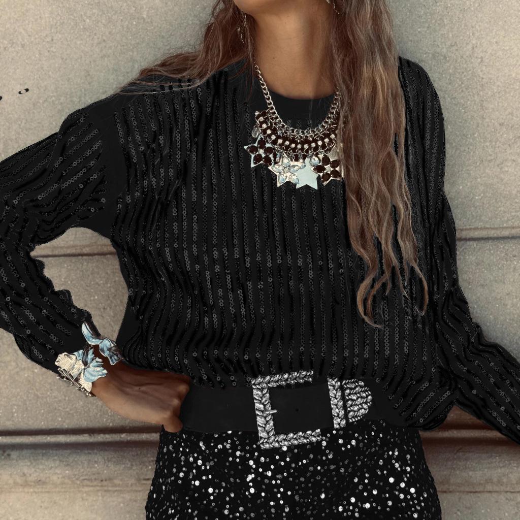 Women's Fashion Sequin Long Sleeved T-Shirt Round Neck Striped Pullover Top