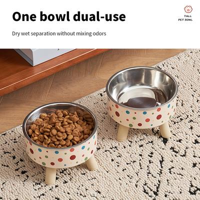 2pcs Colorful Polka Dot Pet Bowls - Stainless Steel & Plastic, High-Legged Neck Protection for Cats & Dogs, Foldable Design
