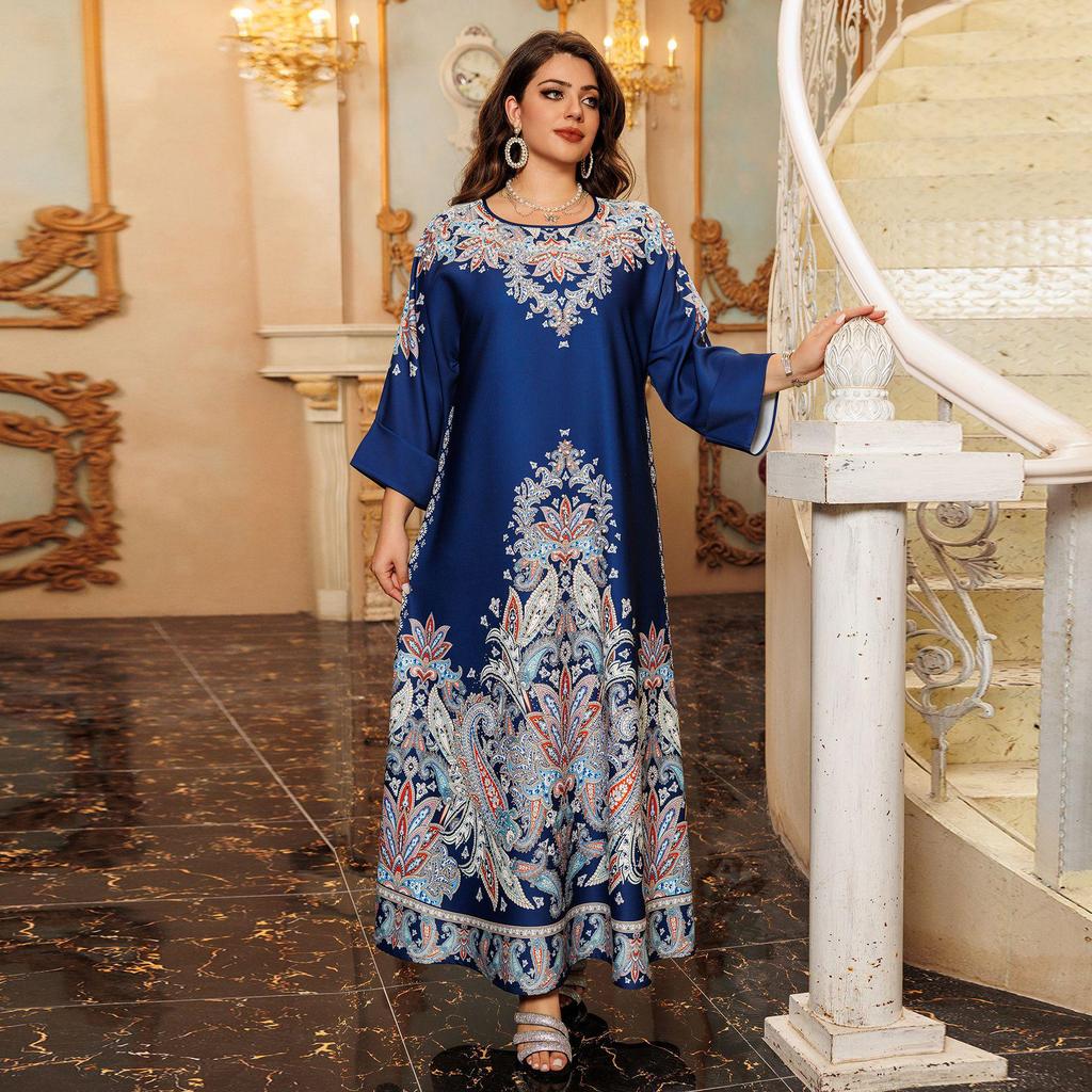 AB400 Muslim Fashion Floral Dress with Hot Drill Embellishments - Middle Eastern Style Robe for Women