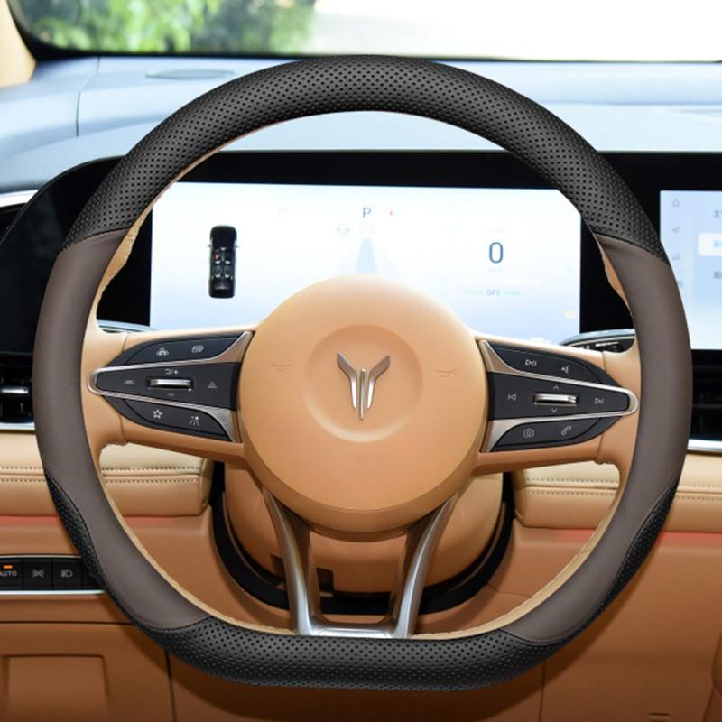 Universal Ultra-Thin Genuine Leather Steering Wheel Cover 38cm Diameter Anti-Slip All-Season Sport Style