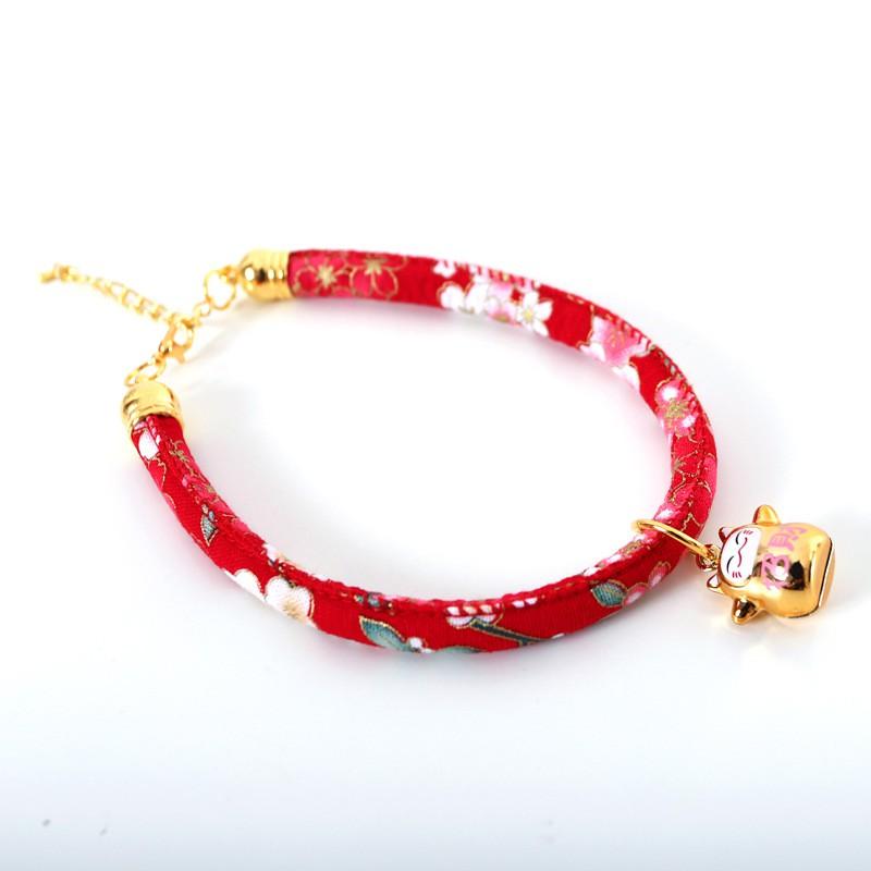 Adjustable Pet Collar With Japanese Floral Shiba Inu Maneki-neko Charm Copper Bell Cats Dogs
