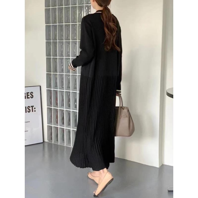 Korean Chic Retro Lapel Contrasting Knitted Dress Women's Edged Elegant Small Fragrant Pleated Loose Long Skirt