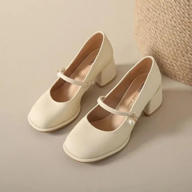 Fashion Versatile Pearl Single Shoe Women's 2025 Spring Summer New Style French Small Leather Shoe Square Head Casual Mid Heel Mary Jane