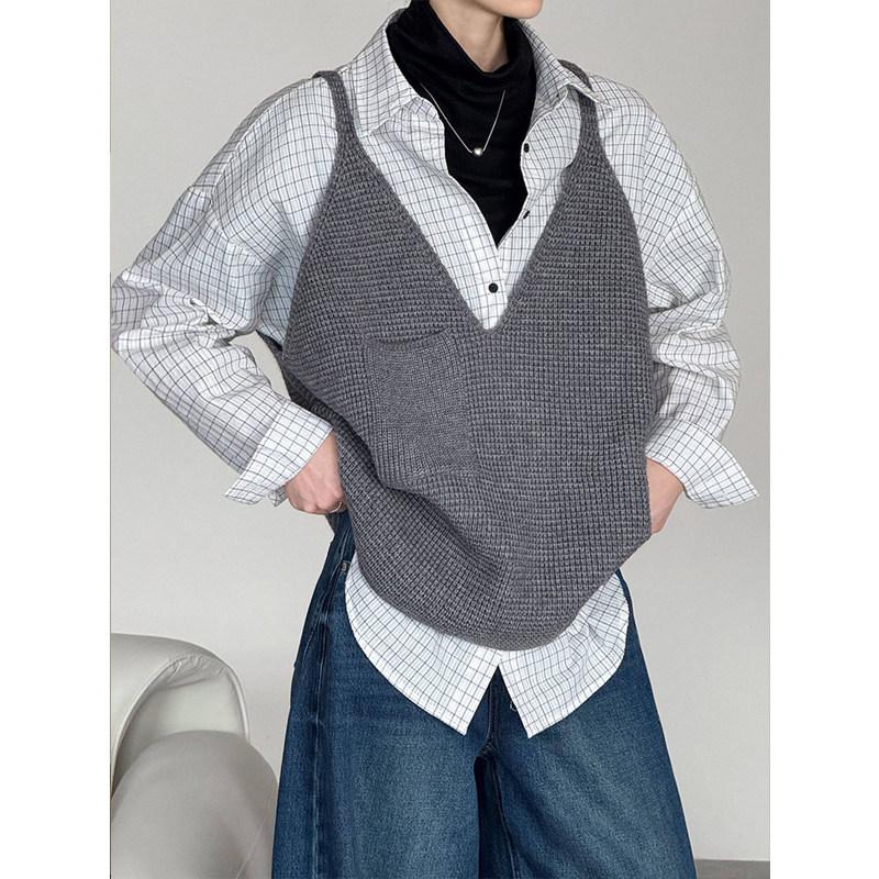Gilet a Maglia da Donna Stile Coreano Spallino Largo Taglia Grande Capo Esterno per Stratificazione Stile Old Money Canotta Scollo a V Lunghezza Midi