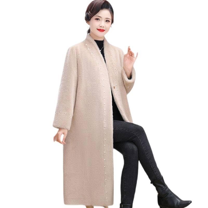 Winter new fashion light luxury pearl fur integrated long coat women's coat loose warm thickened