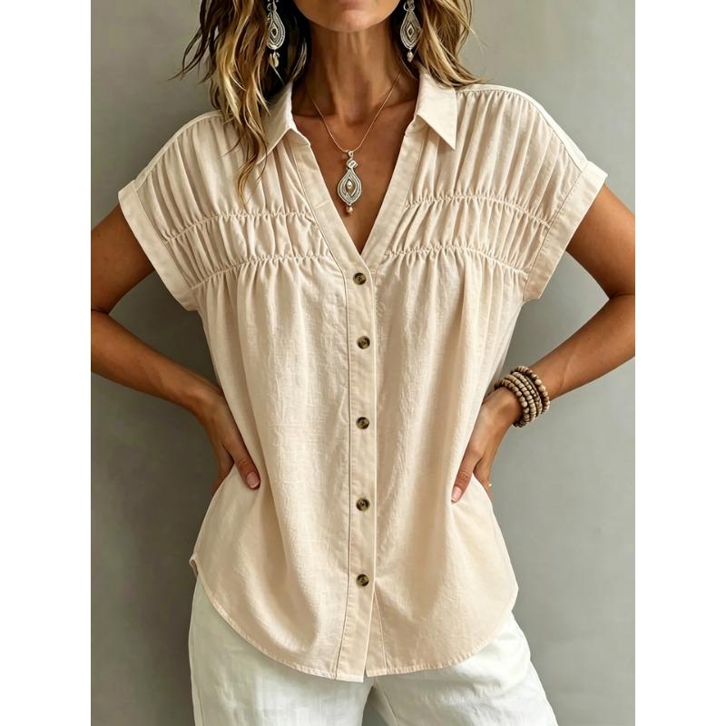 V Neck Loose Solid Button Pleated Short Sleeve Women Casual Blouse
